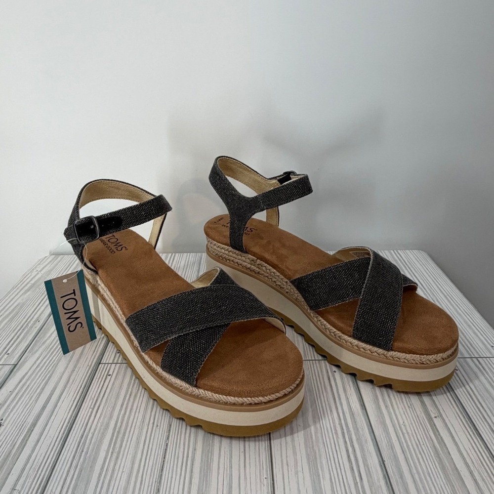 TOMS Gia Black Chambray Canvas Platform Sandals Womens 7.5 10021218